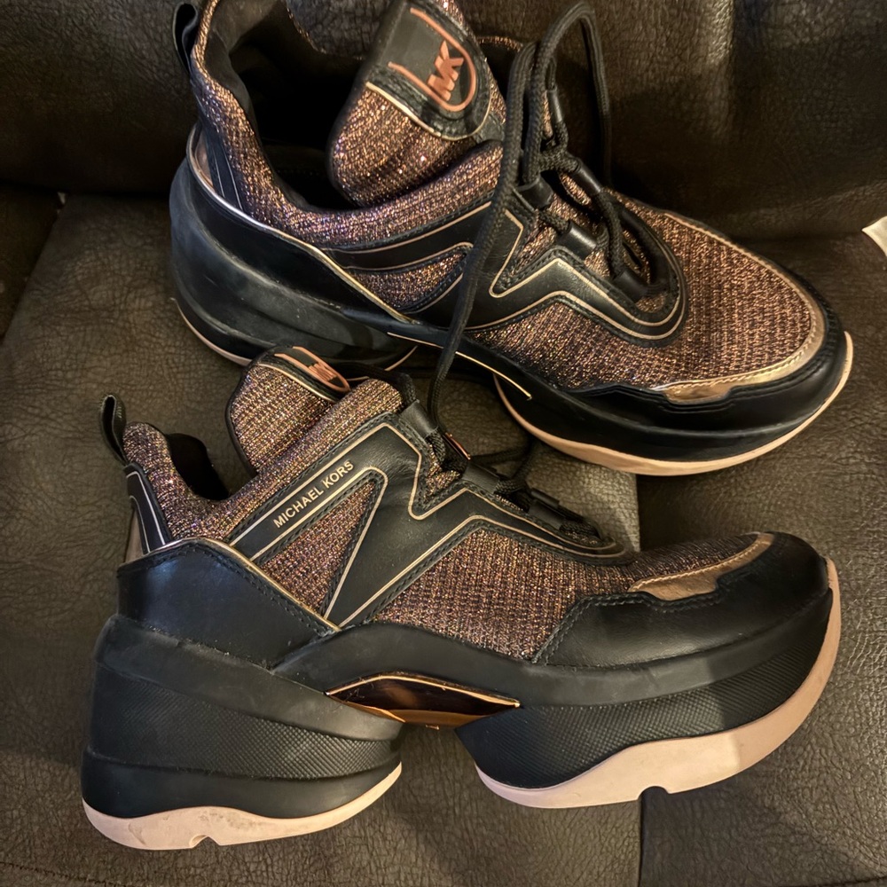 Michael Kors Olympia Glitter Chain-mesh leather trainers